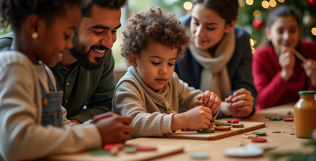 Enfants, parents et collaborateurs de différents âges participent ensemble à un atelier créatif de décoration de Noël