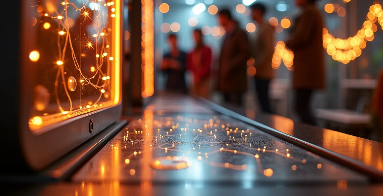 Famille et collaborateurs utilisant un vidéobooth interactif futuriste avec décor virtuel immersif de Noël féérique