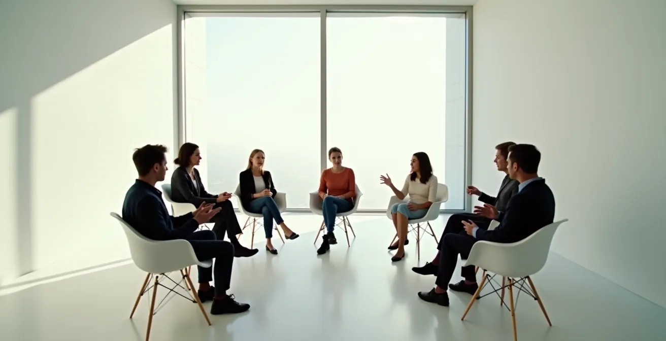 Vue large d'une équipe en cercle partageant leurs émotions après l'expérience