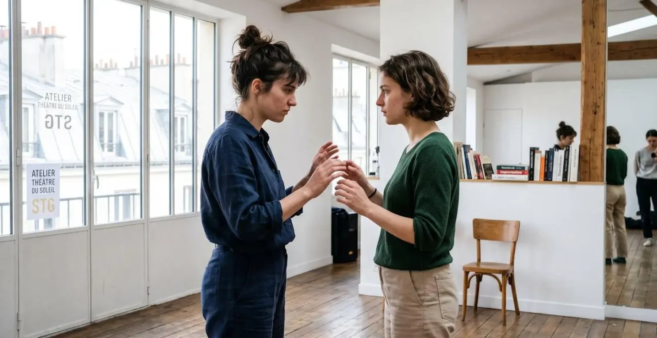 Deux personnes concentrées face à face lors d'un exercice d'écoute active dans un atelier de théâtre lumineux
