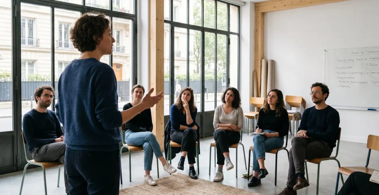 Une personne vue de dos s'exprime devant un petit groupe assis en demi-cercle dans un atelier de théâtre lumineux à Paris