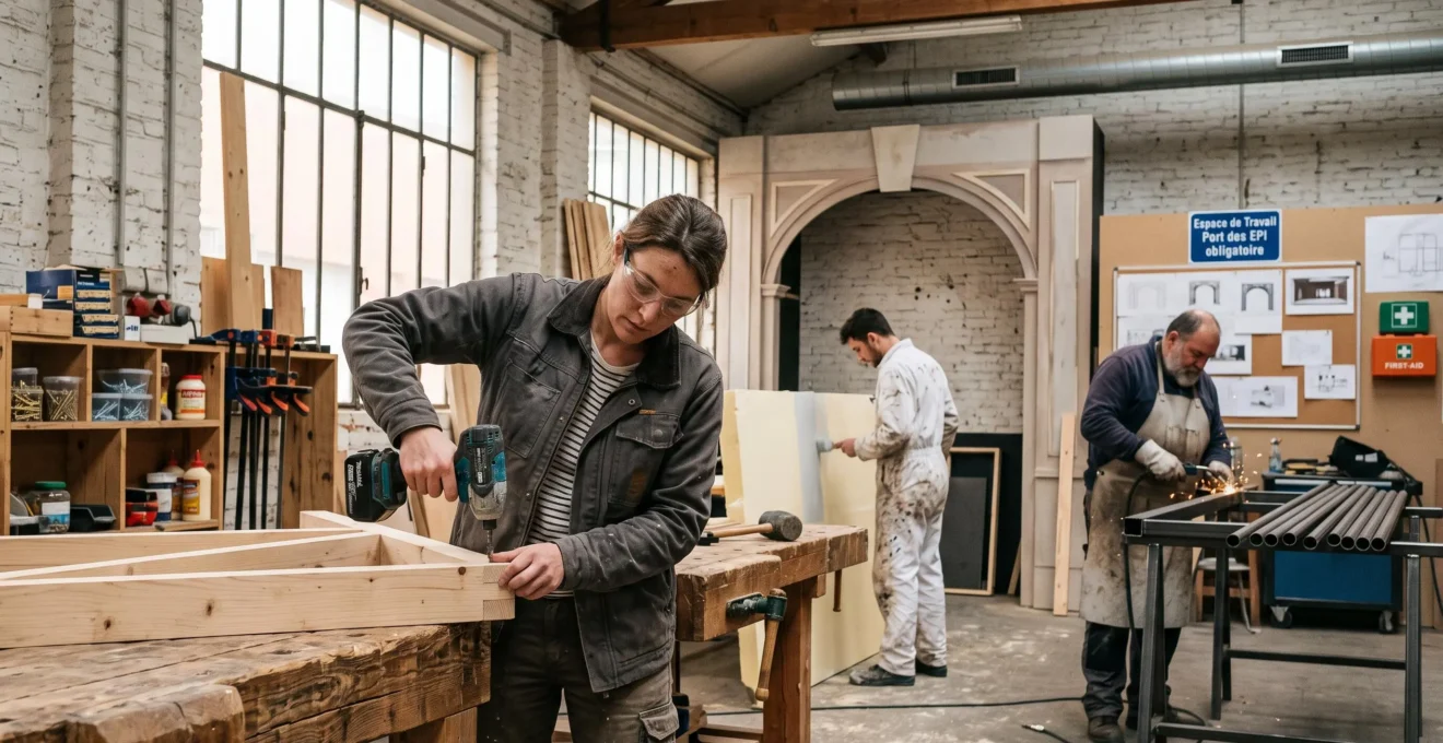 Atelier de fabrication de décors événementiels où un menuisier assemble une structure en bois sur un établi, tandis que d'autres artisans travaillent en arrière-plan sur différentes créations scénographiques.