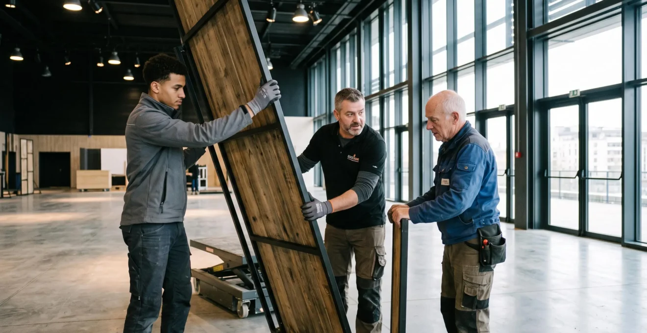 Équipe de trois techniciens professionnels coordonnant l'installation d'un grand élément de décor événementiel dans une salle de congrès contemporaine, en position de levage et de positionnement précis.