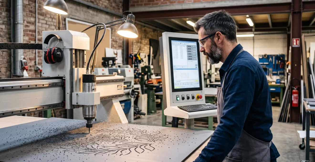 Machine de découpe numérique CNC en train de découper avec précision un panneau de matériau pour décor événementiel, supervisée par un opérateur devant l'écran de contrôle.