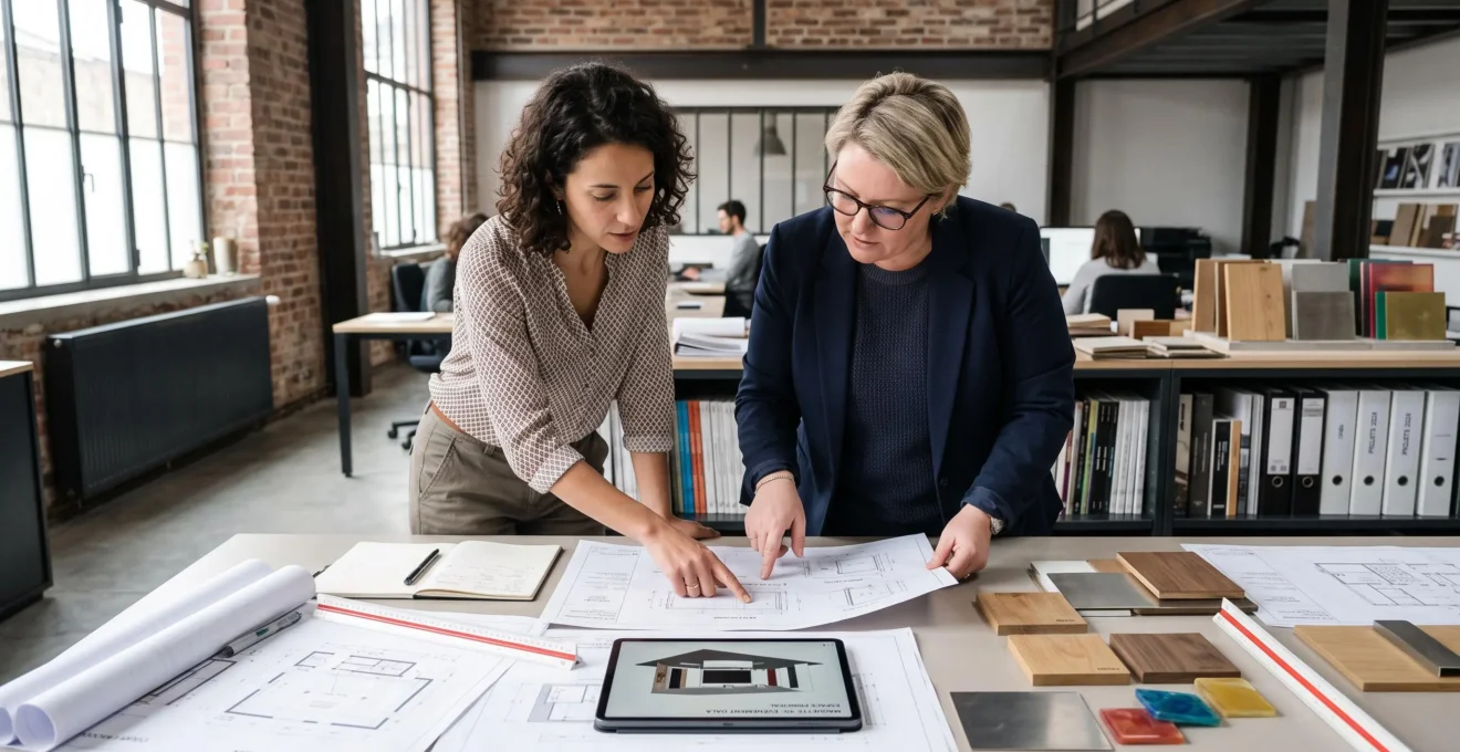 Deux professionnels de l'événementiel examinent ensemble des plans techniques et une maquette 3D sur tablette, entourés d'échantillons de matériaux pour valider le cahier des charges d'un décor.